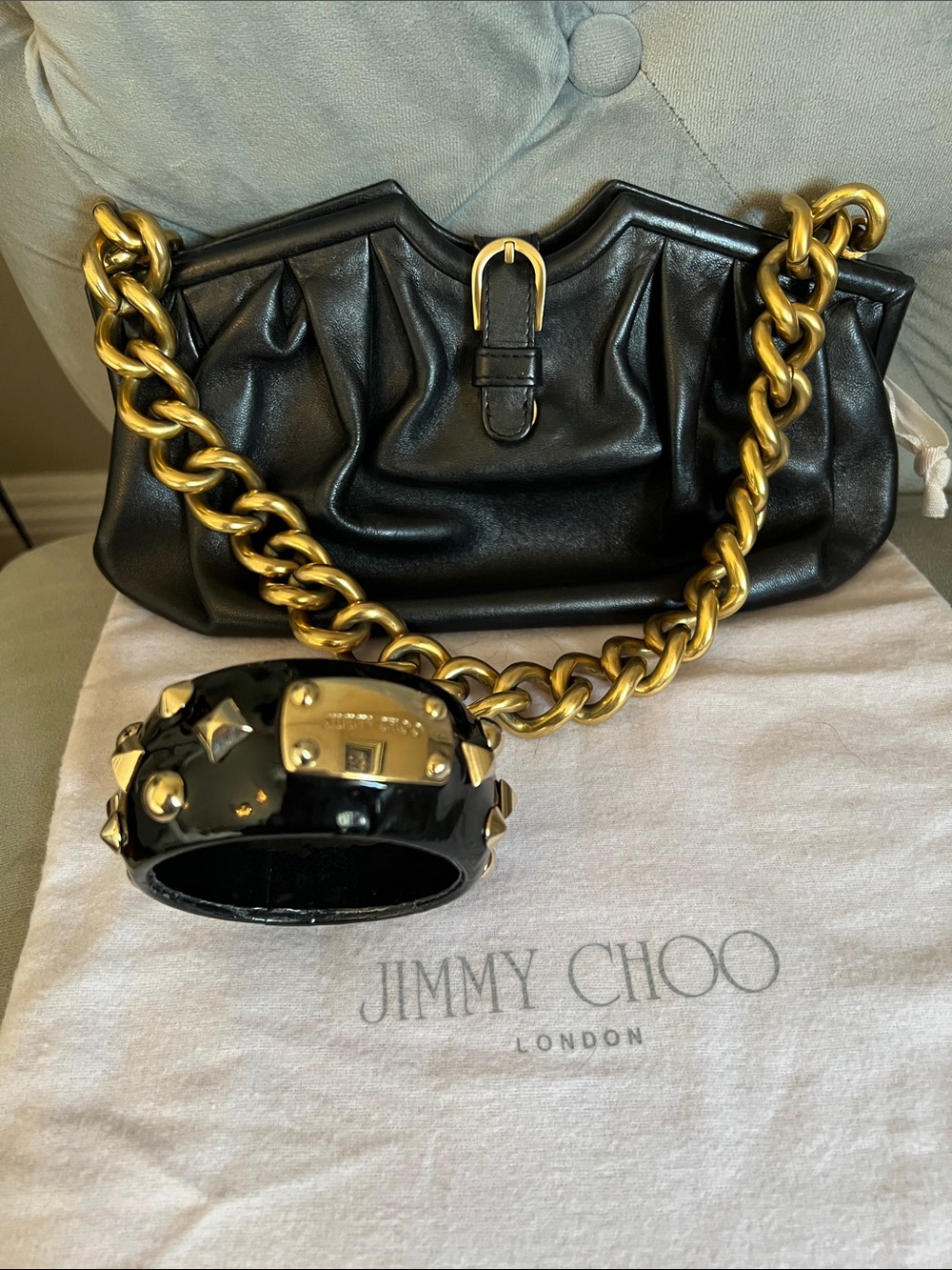 Jimmy Choo Black Leather Shoulder Bag with Gold Chain Strap with bangle bracelet - Picture 2 of 15
